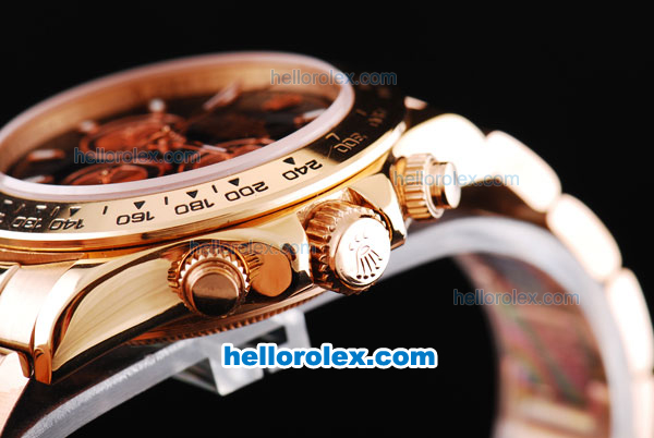 Rolex Daytona Oyster Perpetual Swiss Valjoux 7750 Chronograph Movement Full Rose Gold with Black Dial and Stick Markers - Click Image to Close